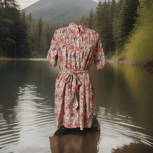 Fate Foral Button Front Shirt Dress Sz M Lined Puff Sleeves Ruffled High Neck